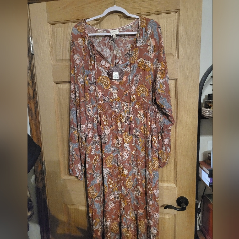 Knox Rose Boho Floral Maxi Hippie Prairie Dress Tassle Tie Front Ruffled